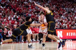 Nebraska Cornhusker forward Braden Frager (5) drives to the basket against the Iowa Hawkeyes in the first half during a college basketball game on Sunday, March 8, 2026, in Lincoln, Nebraska. Photo by John S. Peterson.