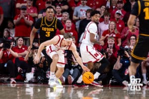 Nebraska Cornhusker guard Sam Hoiberg (1) causes a turnover against the Iowa Hawkeyes in the first half during a college basketball game on Sunday, March 8, 2026, in Lincoln, Nebraska. Photo by John S. Peterson.