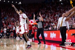 Nebraska Cornhusker guard Jamarques Lawrence (10) celebrates making a three-point basket against the Iowa Hawkeyes in the first half during a college basketball game on Sunday, March 8, 2026, in Lincoln, Nebraska. Photo by John S. Peterson.