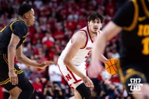 Nebraska Cornhusker forward Berke Büyüktuncel (9) dribbles the ball against the Iowa Hawkeyes in the first half during a college basketball game on Sunday, March 8, 2026, in Lincoln, Nebraska. Photo by John S. Peterson.