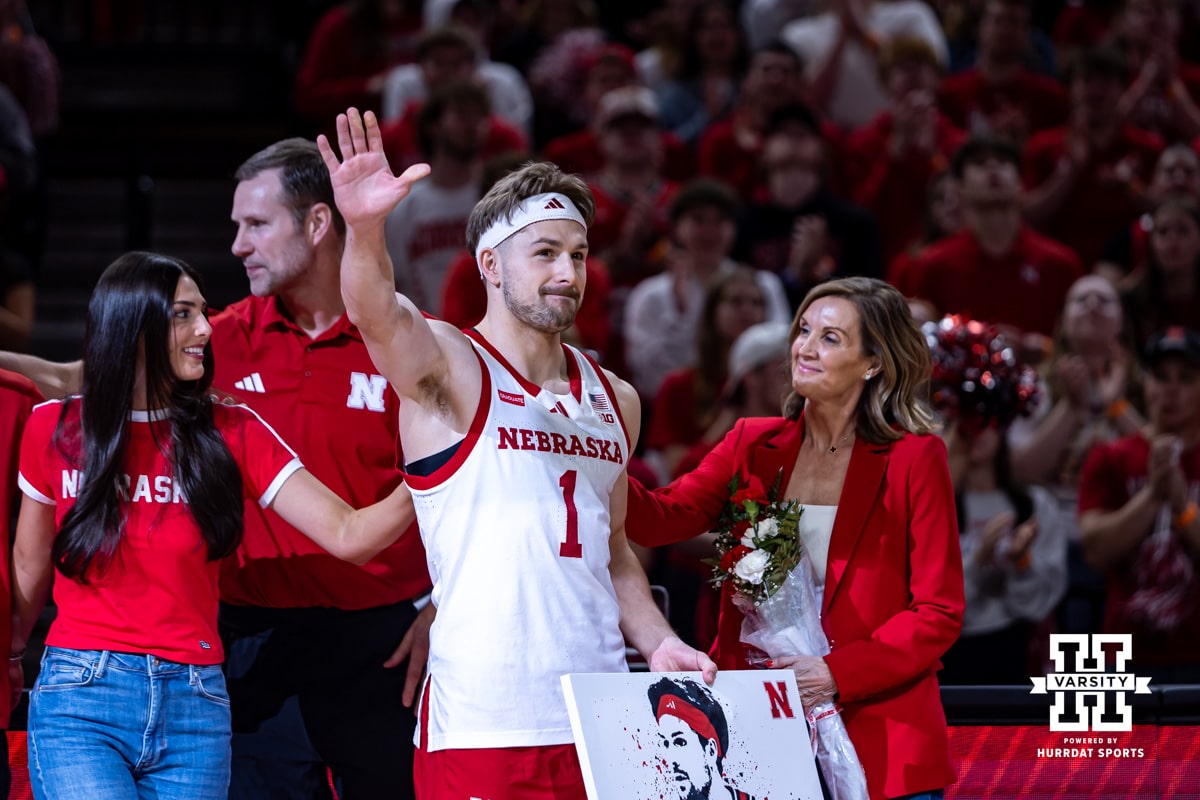 Nebraska Cornhusker senior Sam Hoiberg (1) waves to the fans on Senior Day during a college basketball game on Sunday, March 8, 2026, in Lincoln, Nebraska. Photo by John S. Peterson.