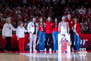 Nebraska Cornhusker senior Sam Hoiberg (1) poses for a photo with his family on Senior Day during a college basketball game on Sunday, March 8, 2026, in Lincoln, Nebraska. Photo by John S. Peterson.