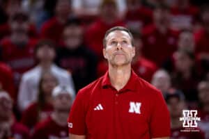 Nebraska Cornhusker head coach Fred Hoiberg watches the video with his son Sam on Senior Day during a college basketball game on Sunday, March 8, 2026, in Lincoln, Nebraska. Photo by John S. Peterson.