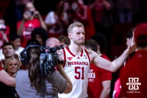 Nebraska Cornhusker senior Rienk Mast (51) was escorted out on Senior Day before takingon the Iowa Hawkeyes during a college basketball game on Sunday, March 8, 2026, in Lincoln, Nebraska. Photo by John S. Peterson.