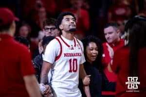Nebraska Cornhusker senior Jamarques Lawrence (10) was escorted out on Senior Day before taking on the Iowa Hawkeyes during a college basketball game on Sunday, March 8, 2026, in Lincoln, Nebraska. Photo by John S. Peterson.