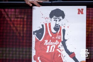 Nebraska Cornhusker senior Jamarques Lawrence (10) canvas for Jamarques on Senior Day during a college basketball game on Sunday, March 8, 2026, in Lincoln, Nebraska. Photo by John S. Peterson.
