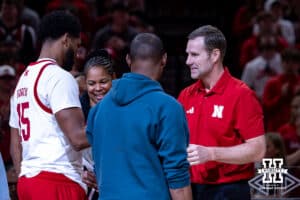 Nebraska Cornhusker senior Jared Garcia (15) shakes hands with coach Fred Hoiberg on Senior Day before taking on the Iowa Hawkeyes during a college basketball game on Sunday, March 8, 2026, in Lincoln, Nebraska. Photo by John S. Peterson.