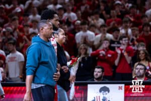 Nebraska Cornhusker senior Jared Garcia (15) was escorted out on Senior Day before taking on the Iowa Hawkeyes during a college basketball game on Sunday, March 8, 2026, in Lincoln, Nebraska. Photo by John S. Peterson.