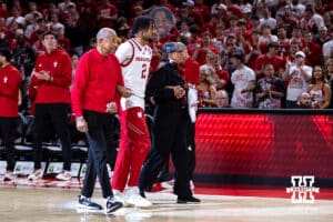 Nebraska Cornhusker senior Kendall Blue (2) was escorted out on Senior Day before taking on the Iowa Hawkeyes during a college basketball game on Sunday, March 8, 2026, in Lincoln, Nebraska. Photo by John S. Peterson.