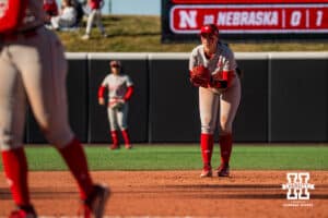 Nebraska Cornhusker Ava Kuszak awaits the ball during a softball game at Bowlin Field on March 7th, 2026, in Lincoln, Nebraska. Photo by Collin Stilen