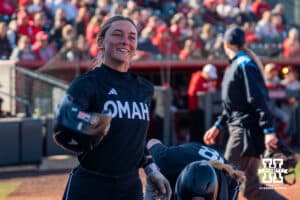 Omaha Maverick Marra Cramer celebrates during a softball game at Bowlin Field on March 7th, 2026, in Lincoln, Nebraska. Photo by Collin Stilen.