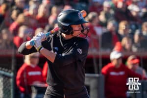 Omaha Maverick Katherine Johnson at the plate during a softball game at Bowlin Field on March 7th, 2026, in Lincoln, Nebraska. Photo by Collin Stilen.