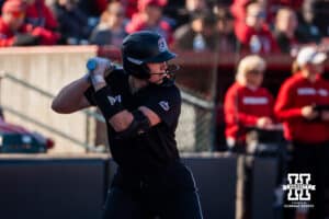 Omaha Maverick Alyson Edwards at the plate during a softball game at Bowlin Field on March 7th, 2026, in Lincoln, Nebraska. Photo by Collin Stilen.