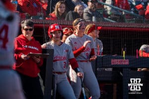Nebraska Cornhusker Jordy Frahm cheers her team on during a softball game at Bowlin Field on March 7th, 2026, in Lincoln, Nebraska. Photo by Collin Stilen.