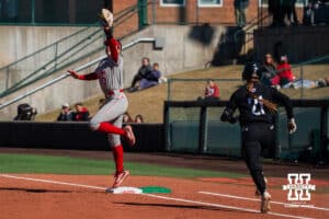 Nebraska Cornhusker Bella Bacon makes a wild catch during a softball game at Bowlin Field on March 7th, 2026, in Lincoln, Nebraska. Photo by Collin Stilen.