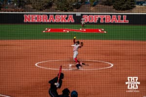 Nebraska Cornhusker pitcher Jordy Frahm sends in a pitch during a softball game at Bowlin Field on March 7th, 2026, in Lincoln, Nebraska. Photo by Collin Stilen.