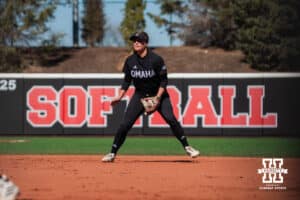 Omaha Maverick Katherine Johnson is ready for the ball during a softball game at Bowlin Field on March 7th, 2026, in Lincoln, Nebraska. Photo by Collin Stilen.