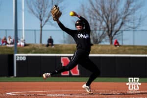 Omaha Maverick pitcher Maddia Groff in action during a softball game at Bowlin Field on March 7th, 2026, in Lincoln, Nebraska. Photo by Collin Stilen.