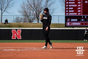 Omaha Maverick pitcher Maddia Groff awaits her signal during a softball game at Bowlin Field on March 7th, 2026, in Lincoln, Nebraska. Photo by Collin Stilen.