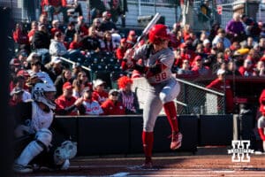 Nebraska Cornhusker Jordy Frahm at the plate during a softball game at Bowlin Field on March 7th, 2026, in Lincoln, Nebraska. Photo by Collin Stilen.