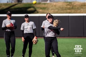 Omaha Maverick Taylor Sedlacek warms up during a softball game at Bowlin Field on March 7th, 2026, in Lincoln, Nebraska. Photo by Collin Stilen.