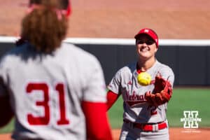 Nebraska Cornhusker Lauren Camenzind is all smiles in warmups during a softball game at Bowlin Field on March 7th, 2026 in Lincoln Nebraska. Photo by Collin Stilen.