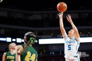 Bennington's Taylor Redmond (5) shoots during a Girls State Championship Semifinal Round basketball game Friday, March 6, 2026, in Omaha, Nebraska. Photo by Jackson D. Luethje.