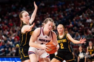Norris' Ize Tidball (40) guarded by Gretna East's Madi Shelburne (35) during a Girls State Championship Semifinal Round basketball game Friday, March 6, 2026, in Lincoln, Nebraska. Photo by Jackson D. Luethje.