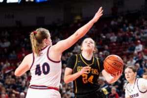 Gretna East's Justice Love (24) layup during a Girls State Championship Semifinal Round basketball game Friday, March 6, 2026, in Lincoln, Nebraska. Photo by Jackson D. Luethje.