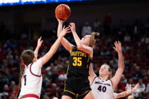 Gretna East's Madi Shelburne (35) shoots over Norris' Alli Bornschlegl (1) during a Girls State Championship Semifinal Round basketball game Friday, March 6, 2026, in Lincoln, Nebraska. Photo by Jackson D. Luethje.