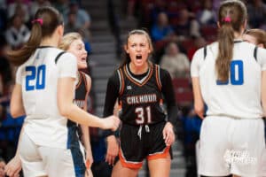 Fort Calhoun's Ansley Elofson (31) celebrates after And-1 during a Girls State Championship Semifinal Round basketball game Friday, March 6, 2026, in Lincoln, Nebraska. Photo by Jackson D. Luethje.