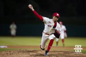 Nebraska Cornhusker pitcher J'shawn Unger (37) throws a pitch in the ninth inning against the Michigan State Spartans during a college baseball game on Friday, March 6, 2026, in Lincoln, Nebraska. Photo by John S. Peterson.