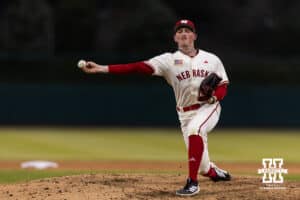 Nebraska Cornhusker pitcher Kevin Mannell (20) throws a pitch against the Michigan State Spartans in the eighth inning during a college baseball game on Friday, March 6, 2026, in Lincoln, Nebraska. Photo by John S. Peterson.