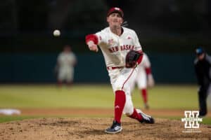Nebraska Cornhusker pitcher Kevin Mannell (20) throws a pitch against the Michigan State Spartans in the eighth inning during a college baseball game on Friday, March 6, 2026, in Lincoln, Nebraska. Photo by John S. Peterson.