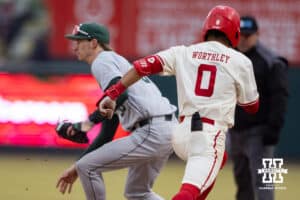 Nebraska Cornhusker Jeter Worthley (0) singles against the Michigan State Spartans in the seventh inning during a college baseball game on Friday, March 6, 2026, in Lincoln, Nebraska. Photo by John S. Peterson.