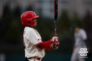 Nebraska Cornhusker catcher Jeter Worthley (0) prepares for his at-bat against the Michigan State Spartans in the seventh inning during a college baseball game on Friday, March 6, 2026, in Lincoln, Nebraska. Photo by John S. Peterson.