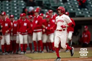 Nebraska Cornhusker infielder Jett Buck (1) scores a run from hitting a home run against the Michigan State Spartans in the sixth inning during a college baseball game on Friday, March 6, 2026, in Lincoln, Nebraska. Photo by John S. Peterson.