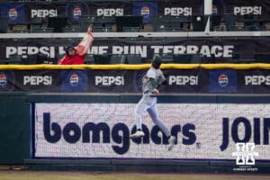 Michigan State Spartan utility Issac Sturgess (8) watches the ball over for a home run by Nebraska Cornhusker Jett Buck (1) in the sixth inning during a college baseball game on Friday, March 6, 2026, in Lincoln, Nebraska. Photo by John S. Peterson.