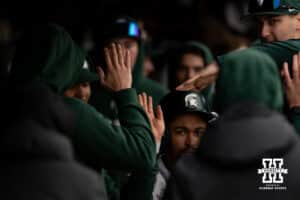 Michigan State Spartan Khamaree Thomas (21) celebrates his run against the Nebraska Cornhuskers in the fifth inning during a college baseball game on Friday, March 6, 2026, in Lincoln, Nebraska. Photo by John S. Peterson.