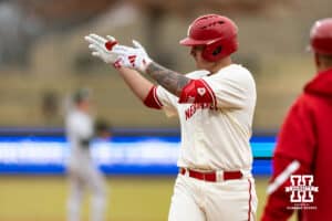 Nebraska Cornhusker infielder Cole Kitchens (12) celebrates hitting a single against the Michigan State Spartans in the fourth inning during a college baseball game on Friday, March 6, 2026, in Lincoln, Nebraska. Photo by John S. Peterson.