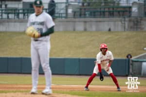 Nebraska Cornhusker Jeter Worthley (0) leads off of first in the second inning against the Michigan State Spartans during a college baseball game on Friday, March 6, 2026, in Lincoln, Nebraska. Photo by John S. Peterson.