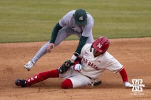 Nebraska Cornhusker outfielder Devin Nunez (16) tagged out trying for a double against the Michigan State Spartans in the second inning during a college baseball game on Friday, March 6, 2026, in Lincoln, Nebraska. Photo by John S. Peterson.
