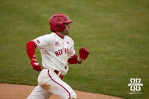 Nebraska Cornhusker Jett Buck (1) runs past third to score a run against the Michigan State Spartans in the second inning during a college baseball game on Friday, March 6, 2026, in Lincoln, Nebraska. Photo by John S. Peterson.