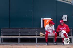 Nebraska Cornhusker starting pitcher Ty Horn (2) talks to pitching coach Rob Childress before taking on the Michigan State Spartans during a college baseball game on Friday, March 6, 2026, in Lincoln, Nebraska. Photo by John S. Peterson.