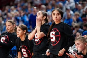Scottsbluff's bench reacts during a Girls State Championship First Round basketball game Wednesday, March 4, 2026, in Lincoln, Nebraska. Photo by Jackson D. Luethje.