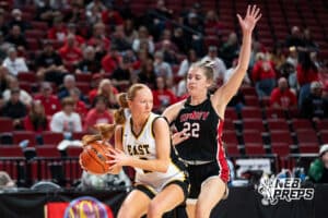 Gretna East's Taylor LaRock (2) guarded by Sidney's Taylor Sprenger (22) during a Girls State Championship First Round basketball game Wednesday, March 4, 2026, in Lincoln, Nebraska. Photo by Jackson D. Luethje.