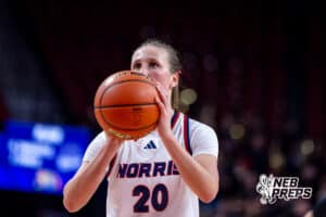 Norris’ Roselynn Madsen (20) is shooting a free throw during a high school basketball game against Blair in the first round of the NSAA state girls basketball tournament on March 4, 2026 in Lincoln, Nebraska. Photo By Jack Stephens.