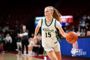 Millard West's Jaelynn Moody (15) dribbling during a Girls State Championship First Round basketball game Wednesday, March 4, 2026, in Lincoln, Nebraska. Photo by Jackson D. Luethje.