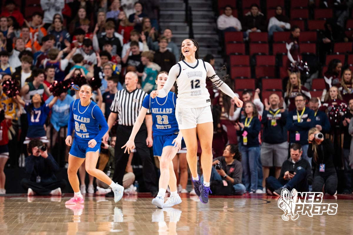 Lincoln North Star's K.J. Pinchon (12) celebrates during a Girls State Championship First Round basketball game Wednesday, March 4, 2026, in Lincoln, Nebraska. Photo by Jackson D. Luethje.