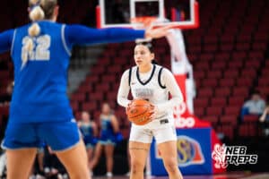 Lincoln North Star's Joyce Johnson (5) looks to pass during a Girls State Championship First Round basketball game Wednesday, March 4, 2026, in Lincoln, Nebraska. Photo by Jackson D. Luethje.
